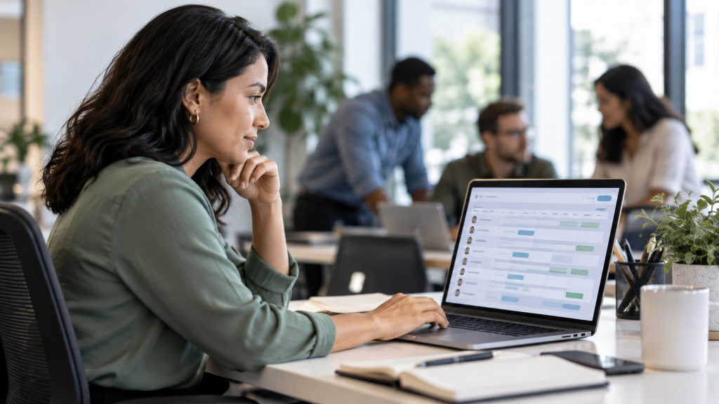 Small business owner reviewing payroll software and employee hours on a laptop