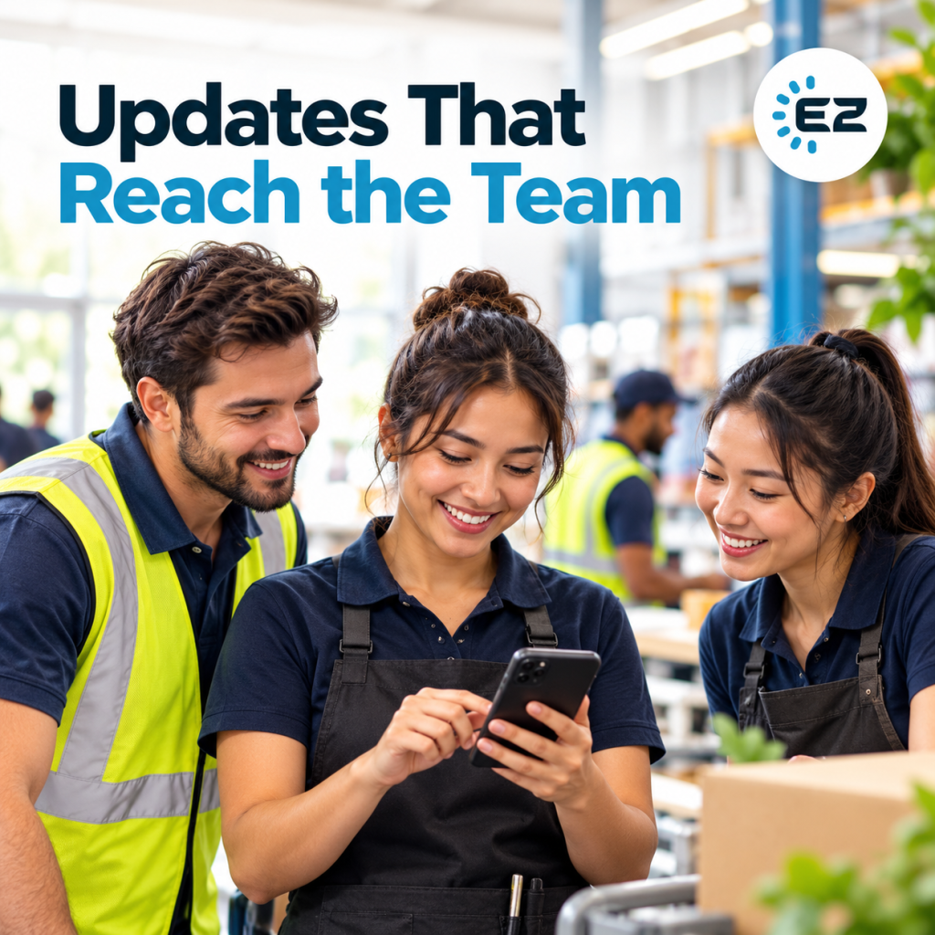 Frontline team reading a company update together on their phones