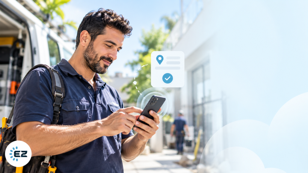 Field employee connecting with the team across locations on a phone