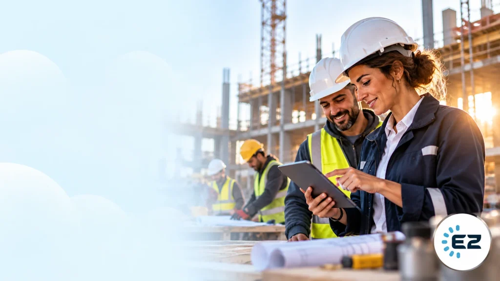 Construction crew checks hours on a tablet at the job site