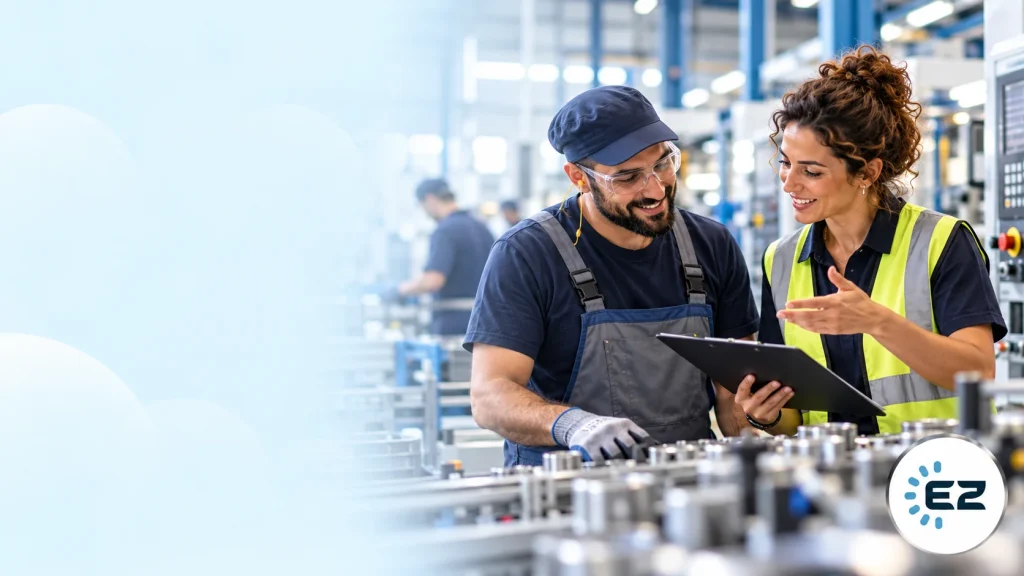 Plant supervisor and worker review shift hours on a tablet