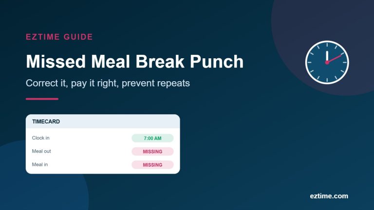 Timecard showing a missed meal break punch flagged for manager review
